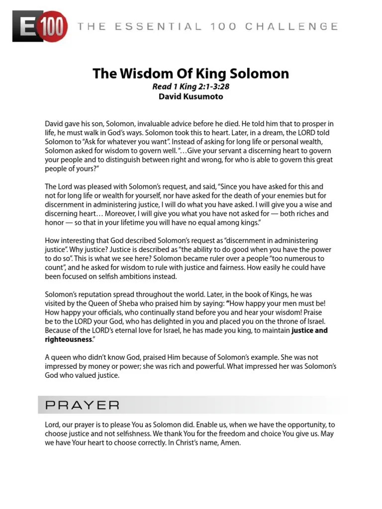 The Wisdom Of King Solomon Read 1 King 2:1-3:28 | PDF | Solomons | Wisdom