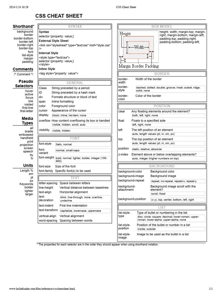 CSS Cheat Sheet | PDF | Text | Typography