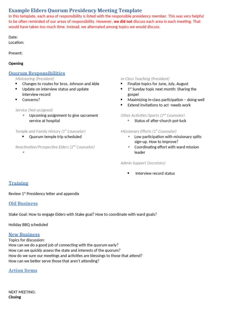 Elders Quorum Presidency Meeting Agenda Pdf