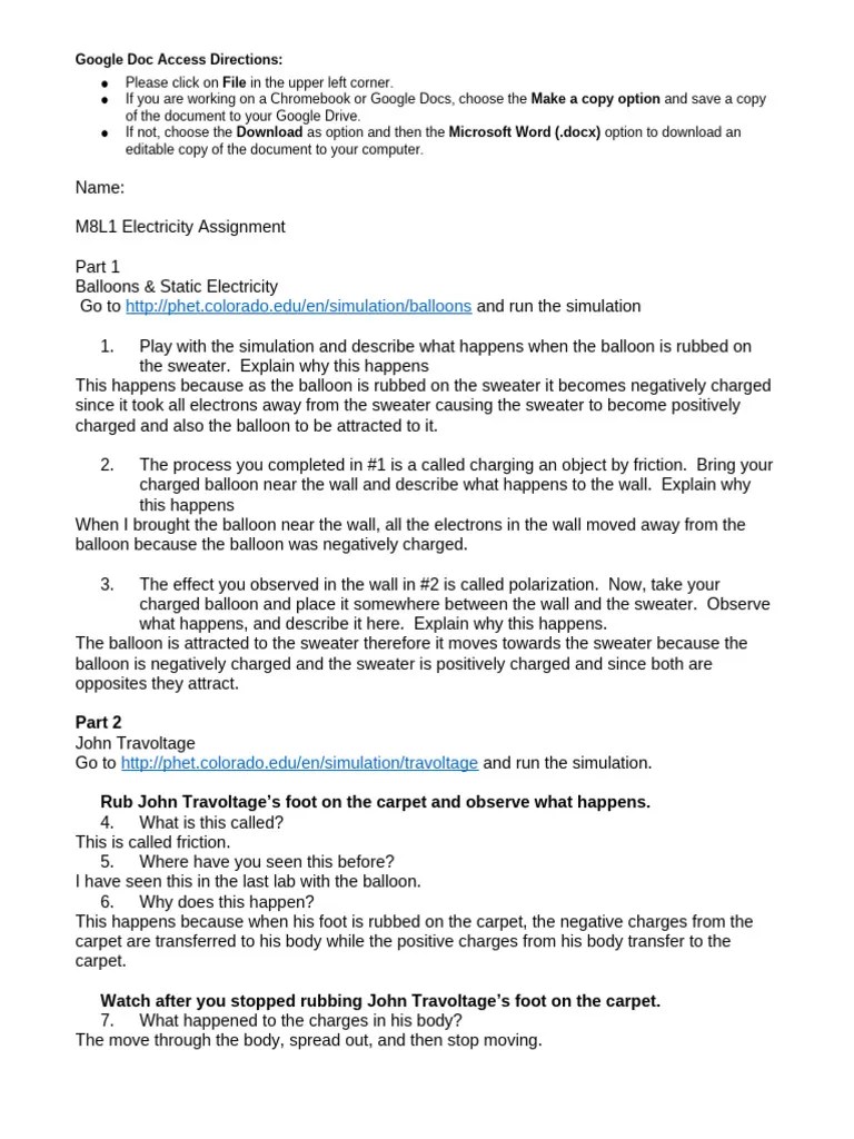 Module Eight Lesson One Activity | PDF | Electric Charge