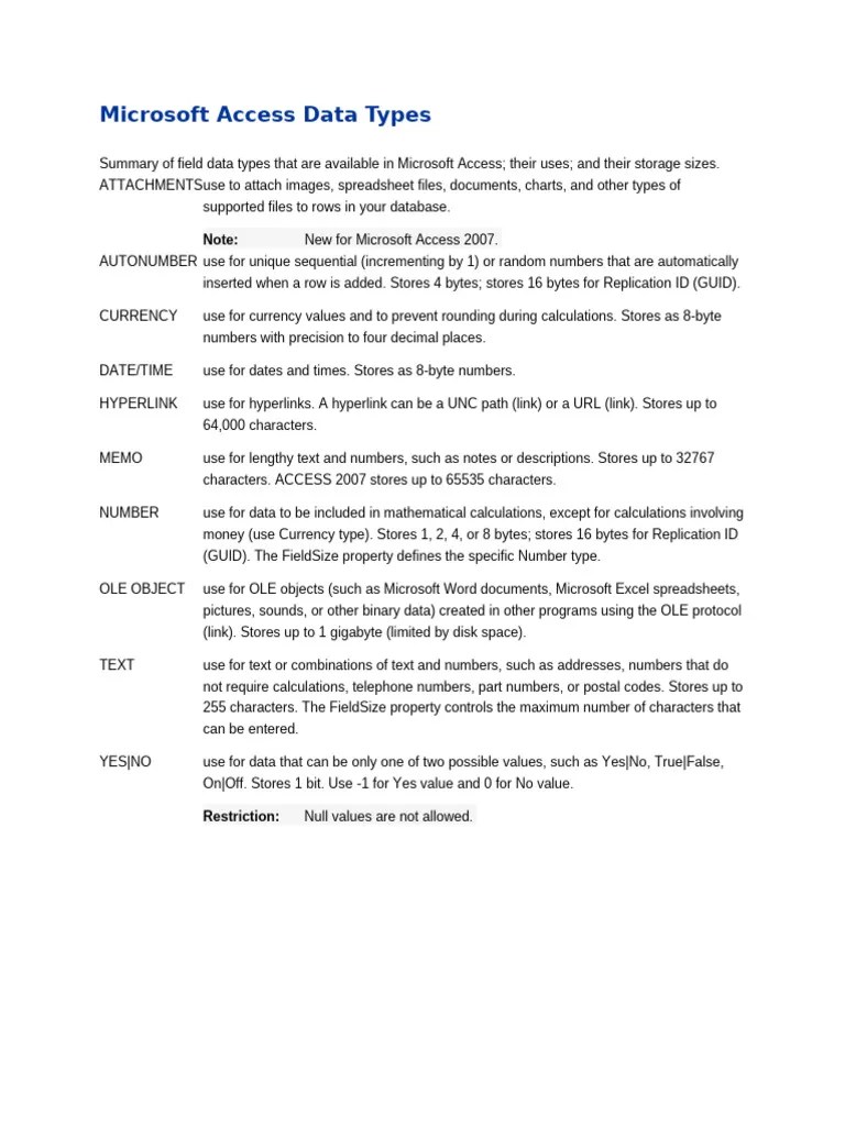 Microsoft Access Data Types | PDF