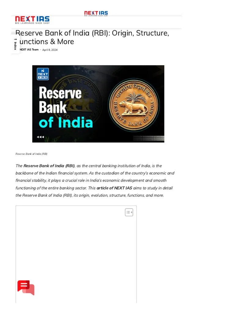 Reserve Bank Of India (RBI) - Origin, Structure, Functions & More | PDF | Reserve Bank Of India ...