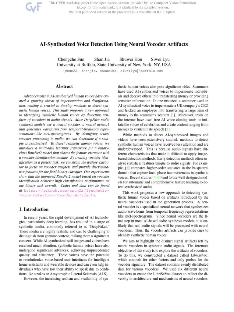 AI-Synthesized Voice Detection Using Neural Vocoder Artifacts | PDF ...