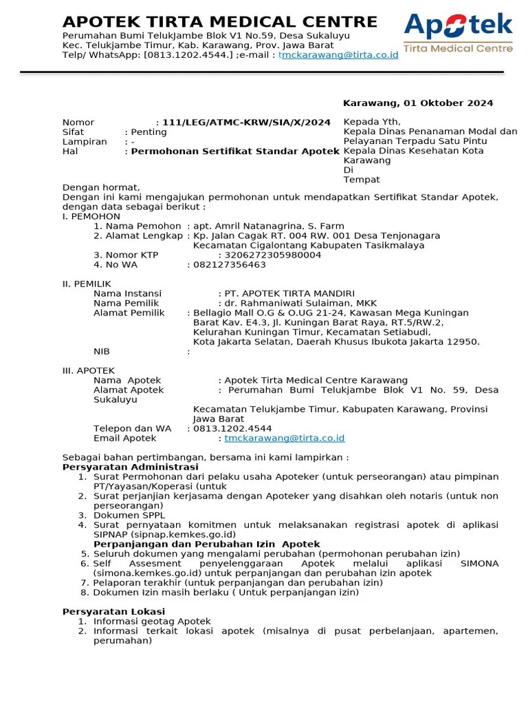 Permohonan Sertifikat Apotek Tirta | PDF