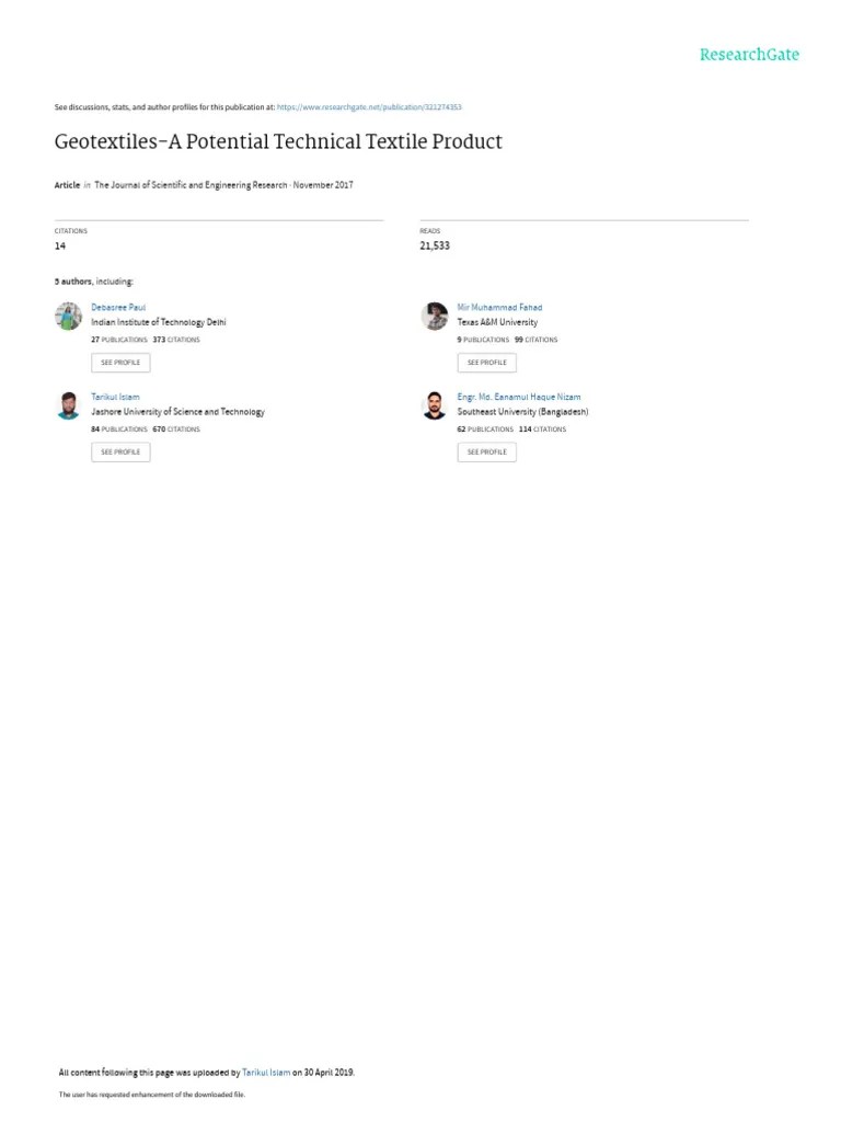 Geotextiles APotential Technical Textile Product | PDF | Fibers | Nonwoven Fabric