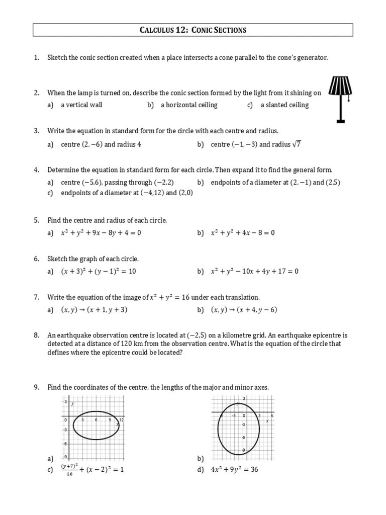 Calc12 Conic Sections WS | PDF | Ellipse | Analytic Geometry
