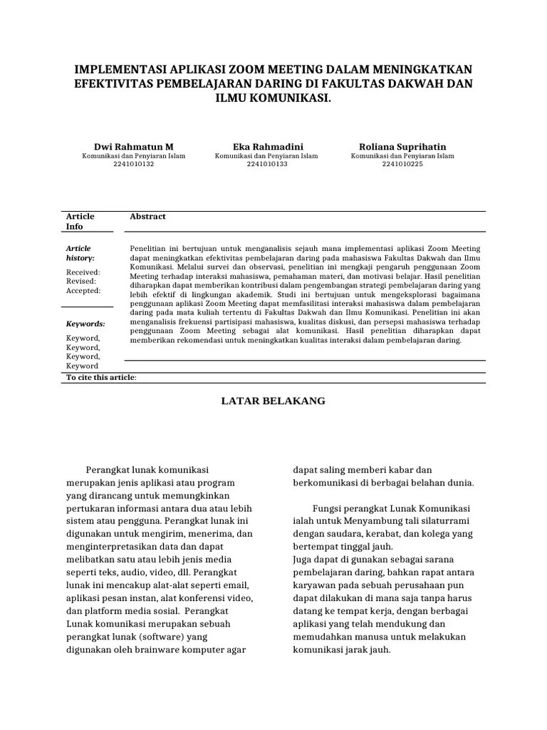 Implementasi Aplikasi Zoom Meeting Dalam Meningkatkan Efektivitas Pembelajaran Daring Di Fdik | PDF