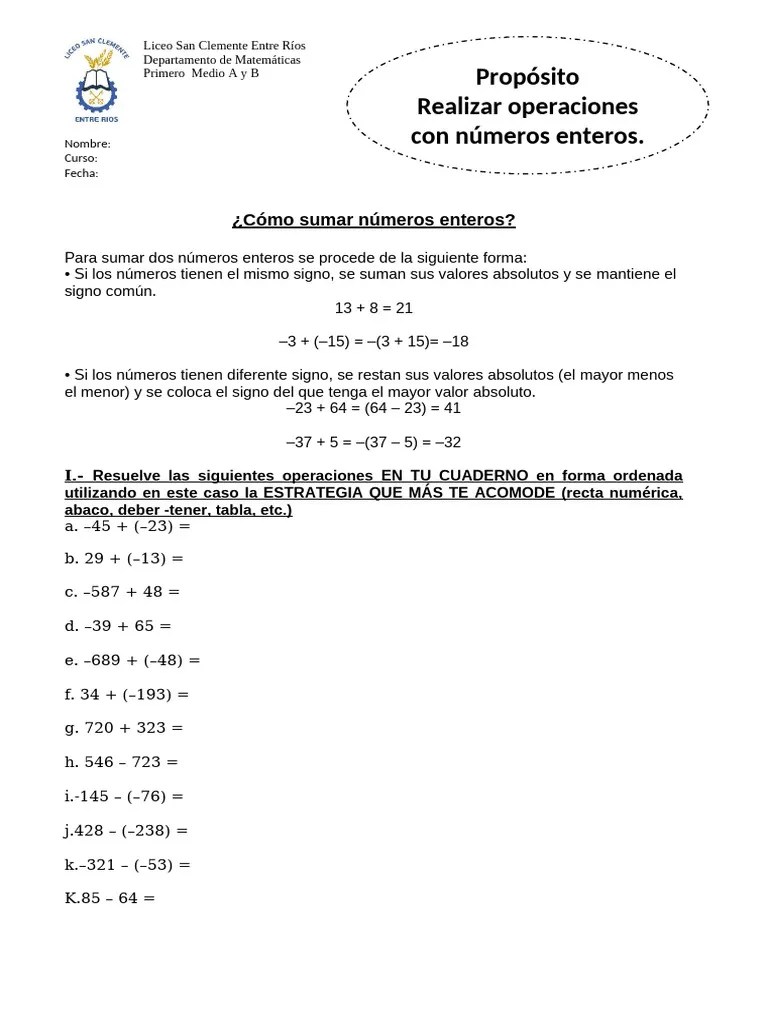 Adición Y Sustracción Con Números Enteros | PDF