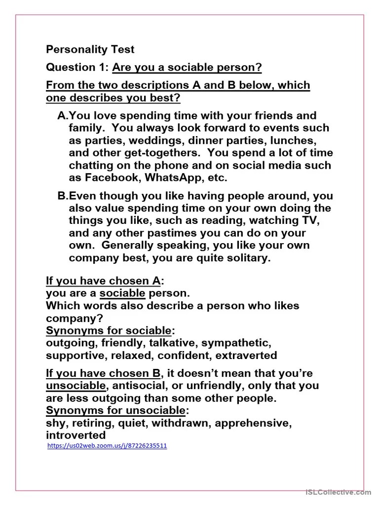 Personality Test Pdf Extraversion And Introversion Social Psychology