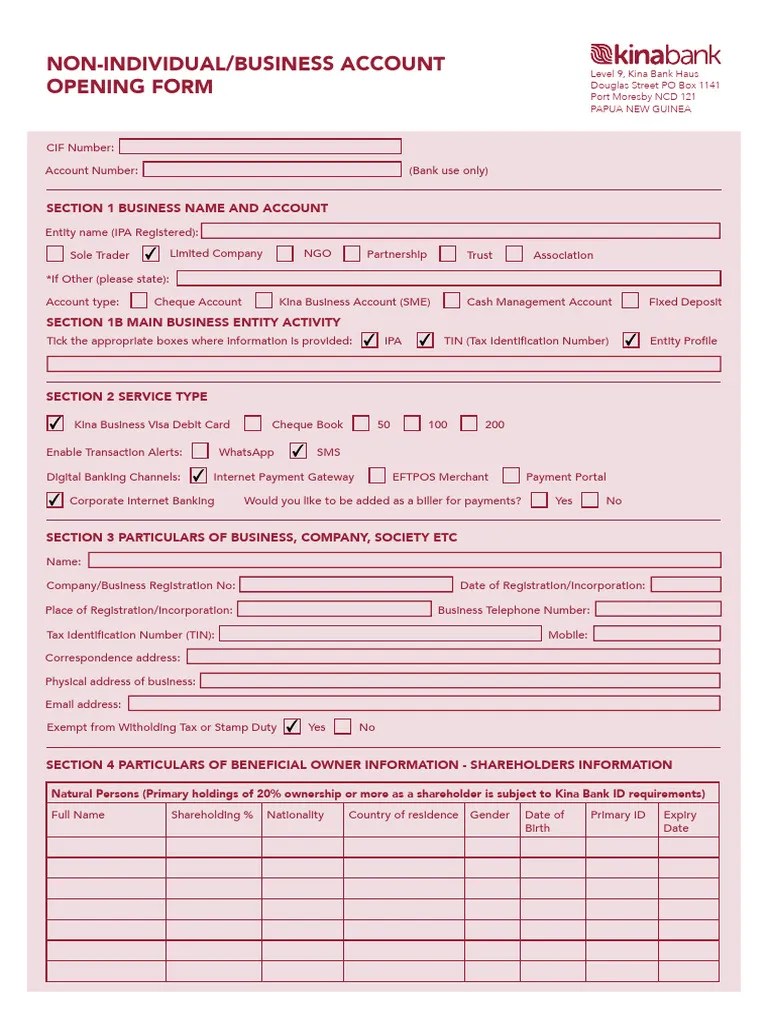 Kina Bank Business Account Application Form | PDF | Cheque | Banks