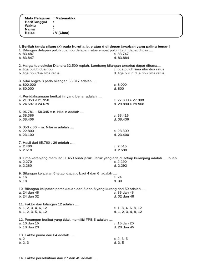 Soal PTS-STS Matematika Kelas 5 Semester 1 Kurikulum Merdeka T.A 2023 ...