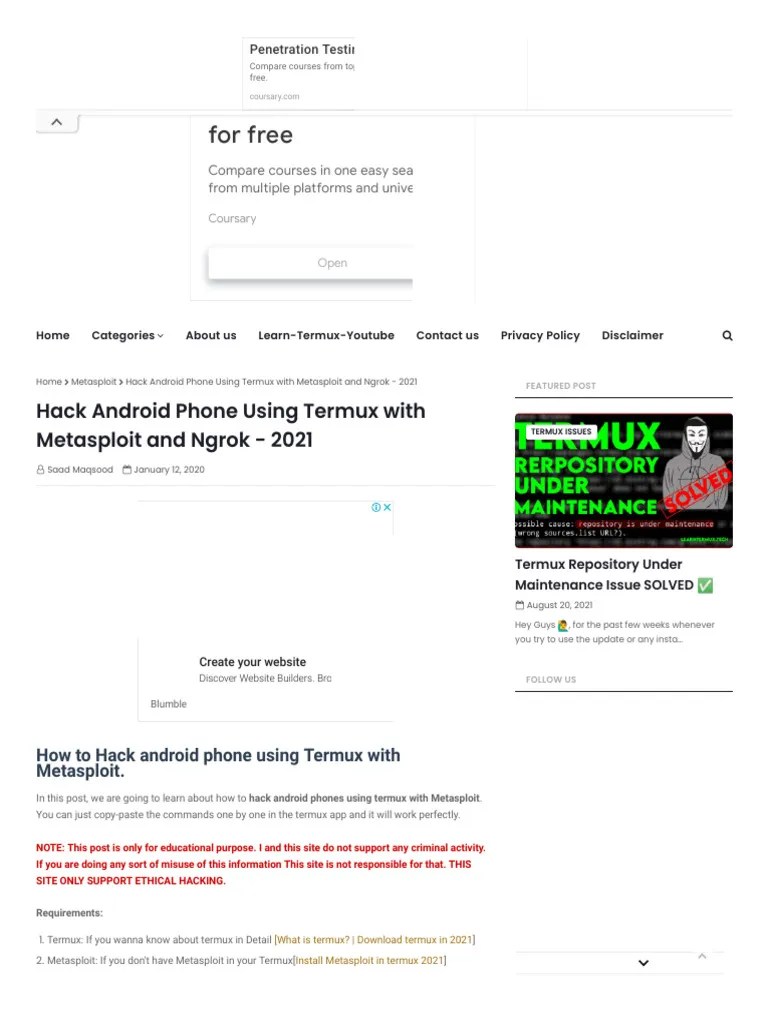 Hack Android Phone Using Termux With Metasploit And Ngrok - 2021 | PDF | Cyberspace | System ...