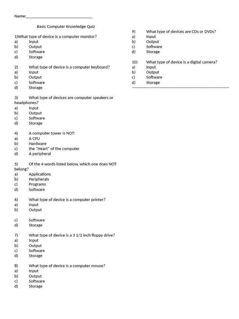 Basic Computer Knowledge Quiz | PDF | Input/Output | Computer Data Storage