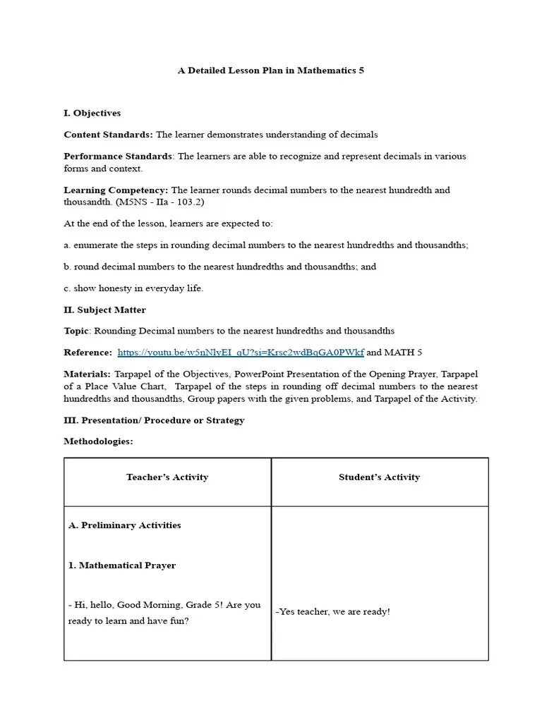 A Detailed Lesson Plan In Mathematics 4 | PDF | Lesson Plan | Numbers