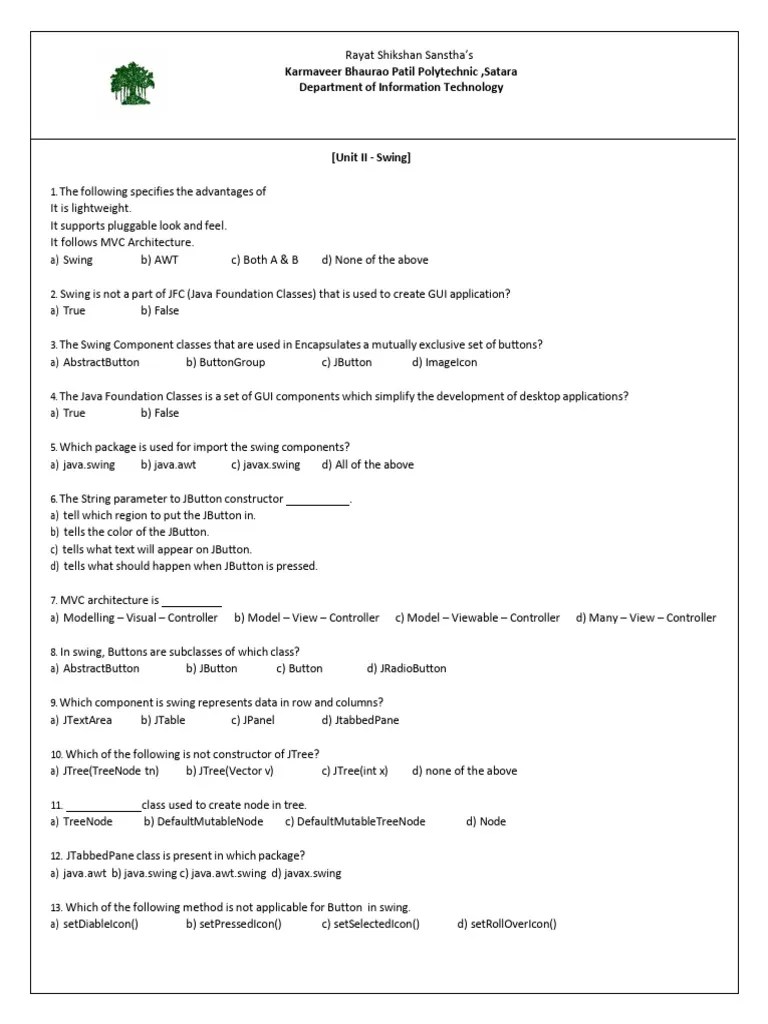 UNIT 2 SWING SET 2 | PDF | Object Oriented Programming | Graphical User ...