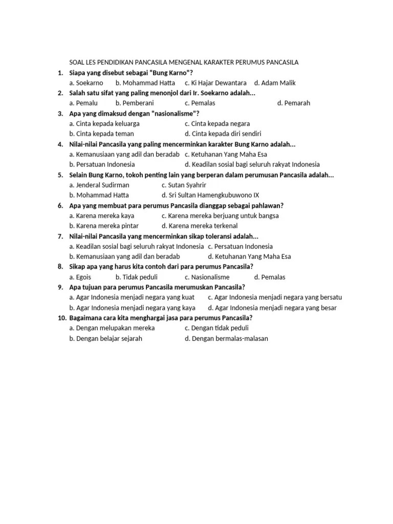 Soal Les Pendidikan Pancasila Mengenal Karakter Perumus Pancasila | PDF