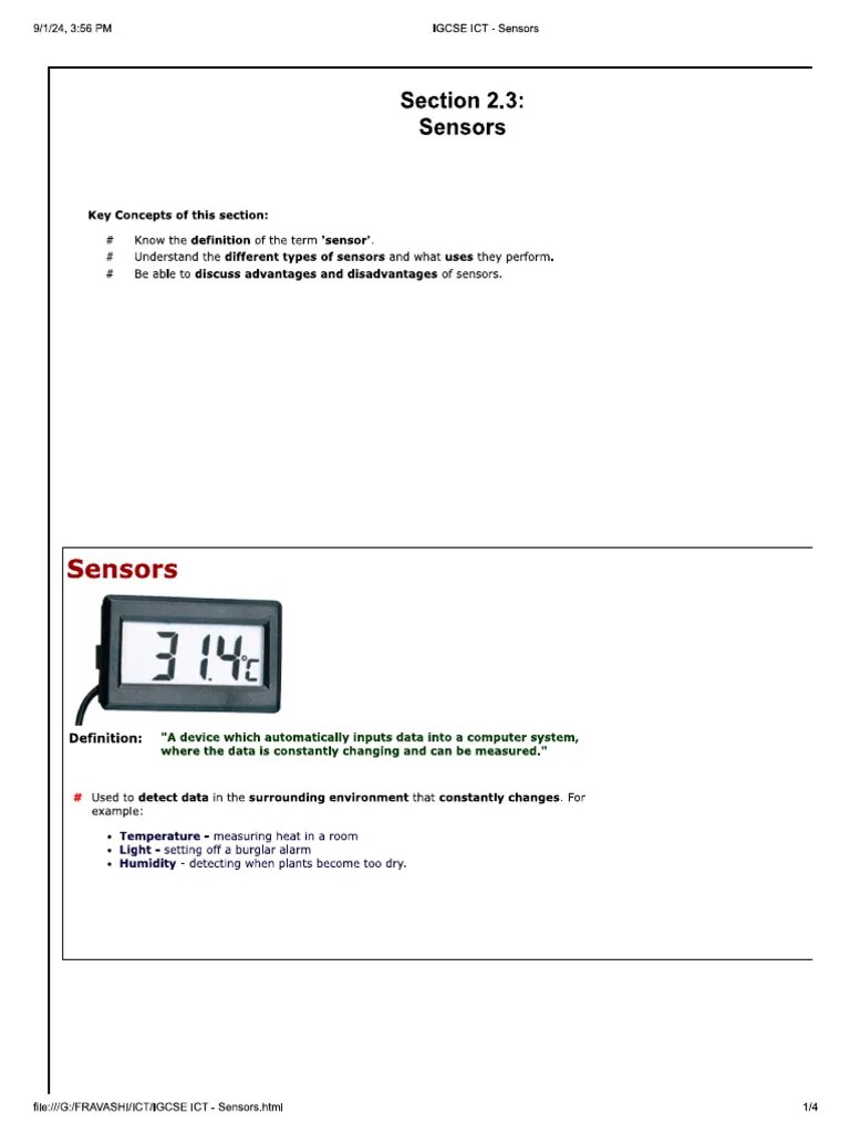 IGCSE ICT Chapter 2 Input And Output Devices Part 2 Sensors Notes | PDF