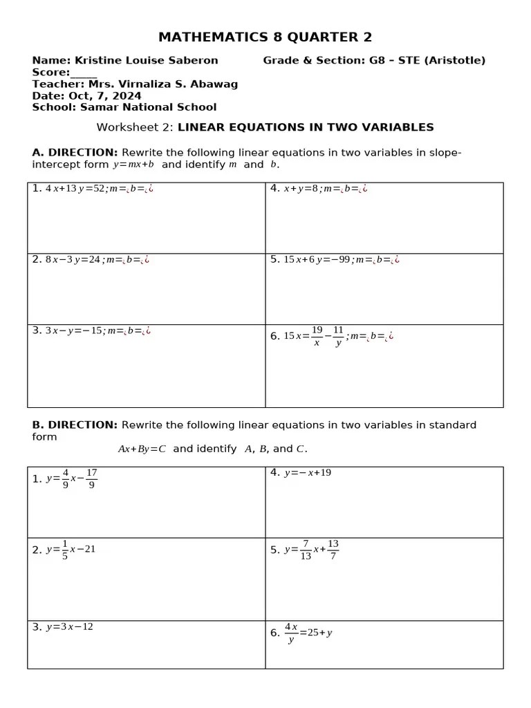 Linear Equations In Two Variables | PDF | Teaching Methods & Materials
