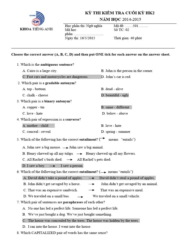 DE SEMANTICS CT501 Key | PDF | Predicate (Grammar) | Interpretation (Philosophy)