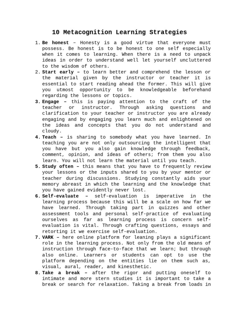 10 Metacognition Learning Strategies | PDF | Learning | Teachers