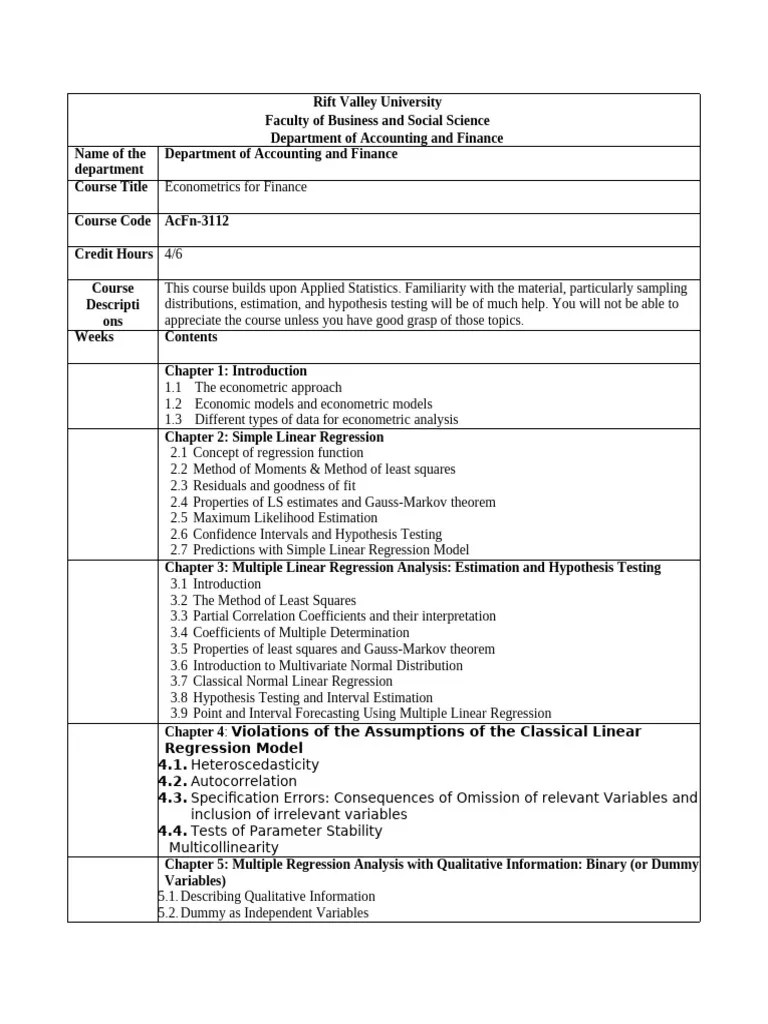 Econometrics Course Outline | PDF | Regression Analysis | Linear Regression