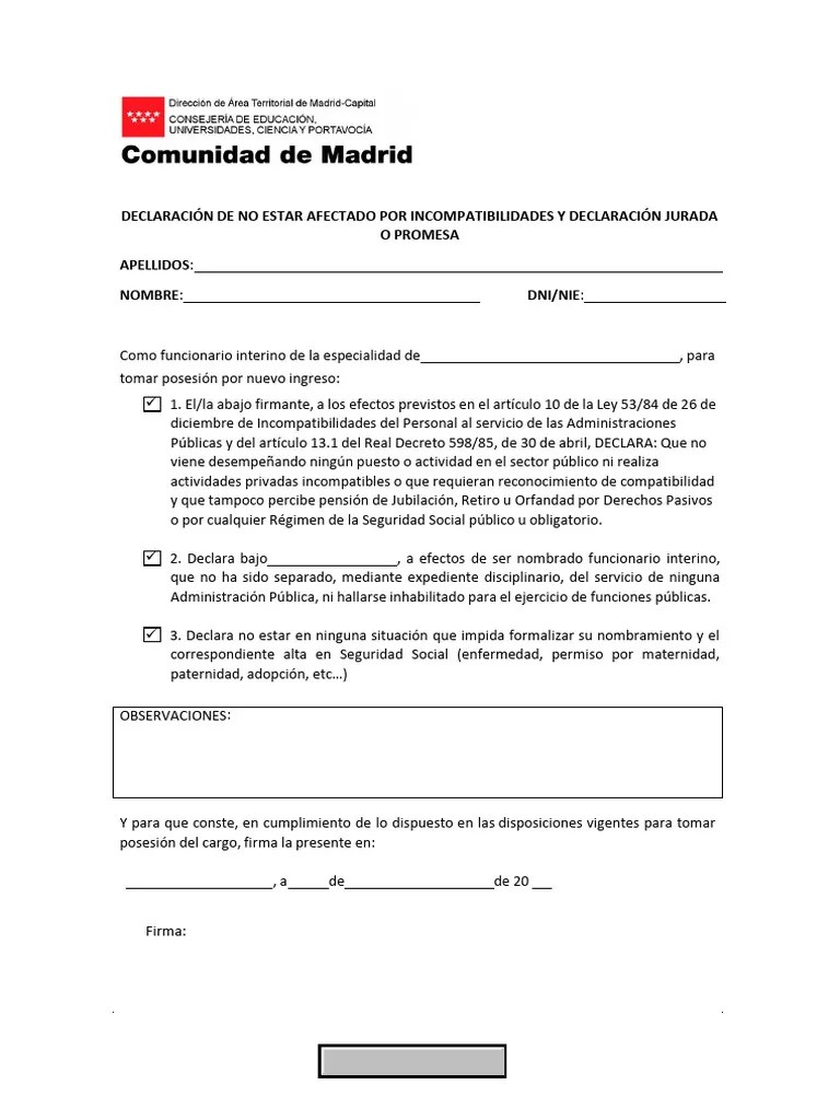 Editable Modelo Declaración Jurada Incompatibilidad | PDF
