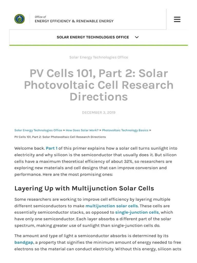 PV Cells 101, Part 2 - Solar Photovoltaic Cell Research Directions - Department Of Energy | PDF ...