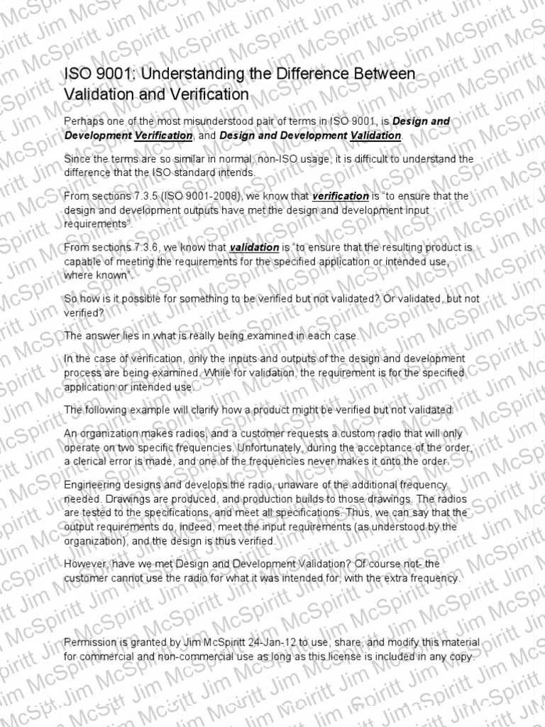 ISO 9001, Difference Validation Verification | PDF | Verification And ...