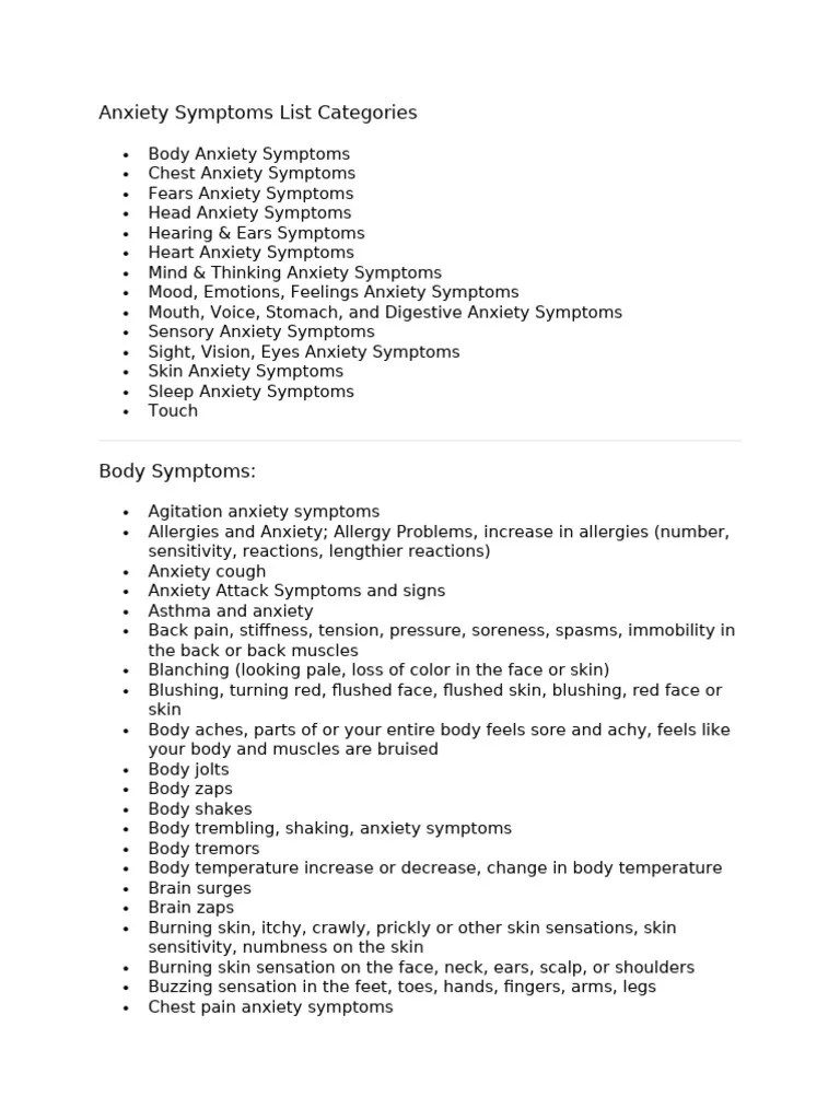 Anxiety Symptoms List Categories_060521 | PDF | Paresthesia | Panic Attack