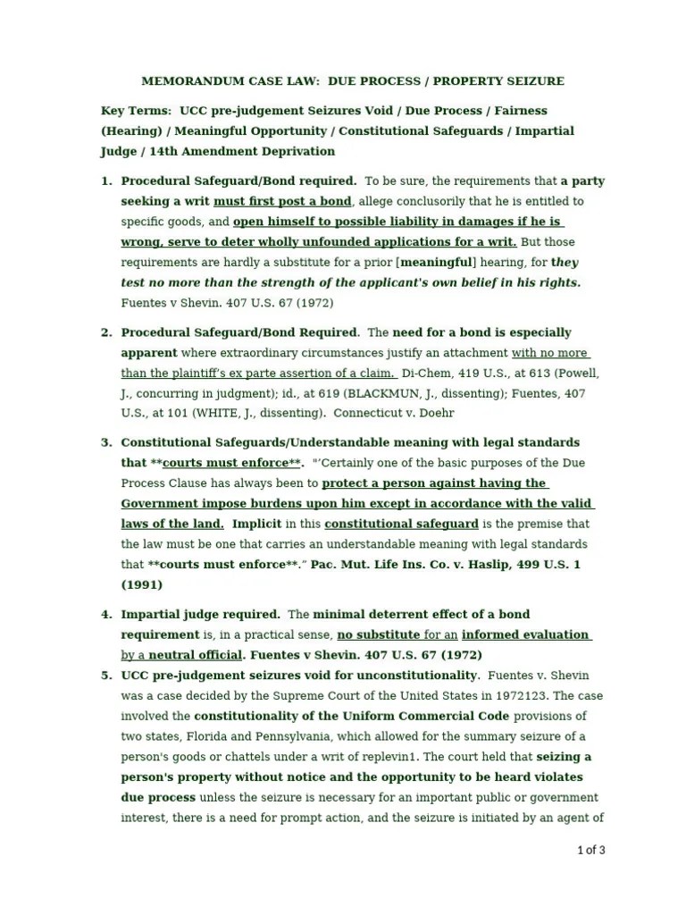 Memorandum Case Law Due Process Property Seizure | PDF | Due Process ...