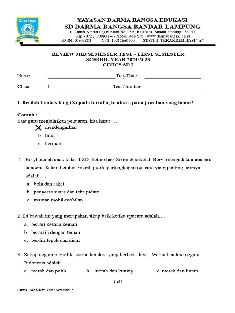 Review Civics Grade 1 Mid Semester Test First Semester School Year