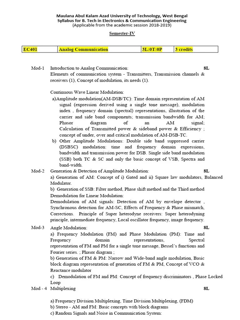 Comm Syllabus | PDF | Modulation | Frequency Modulation