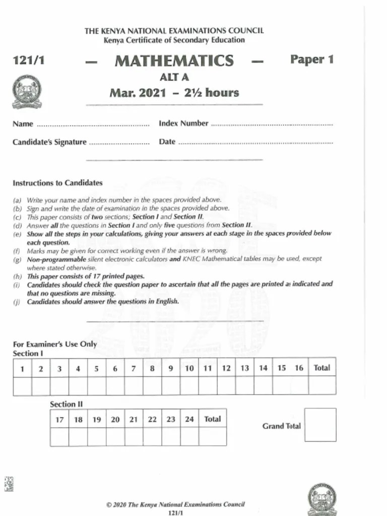 2020 KCSE Mathematics Paper 1 | PDF