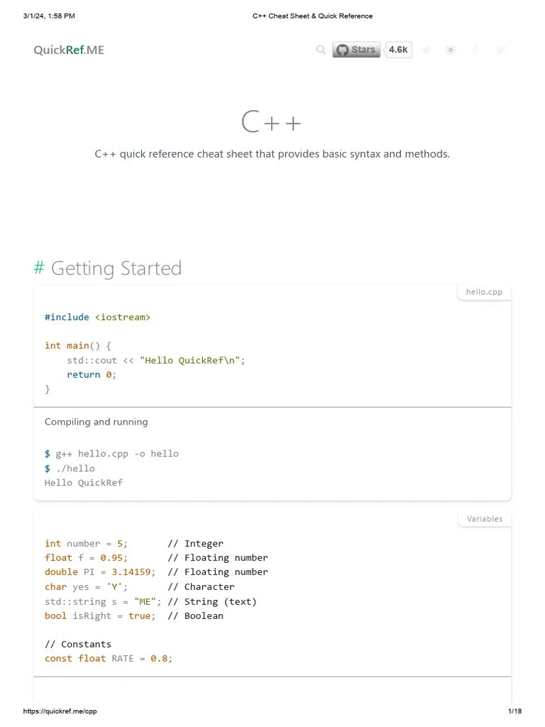 C++ Cheat Sheet & Quick Reference | PDF | C++ | Namespace