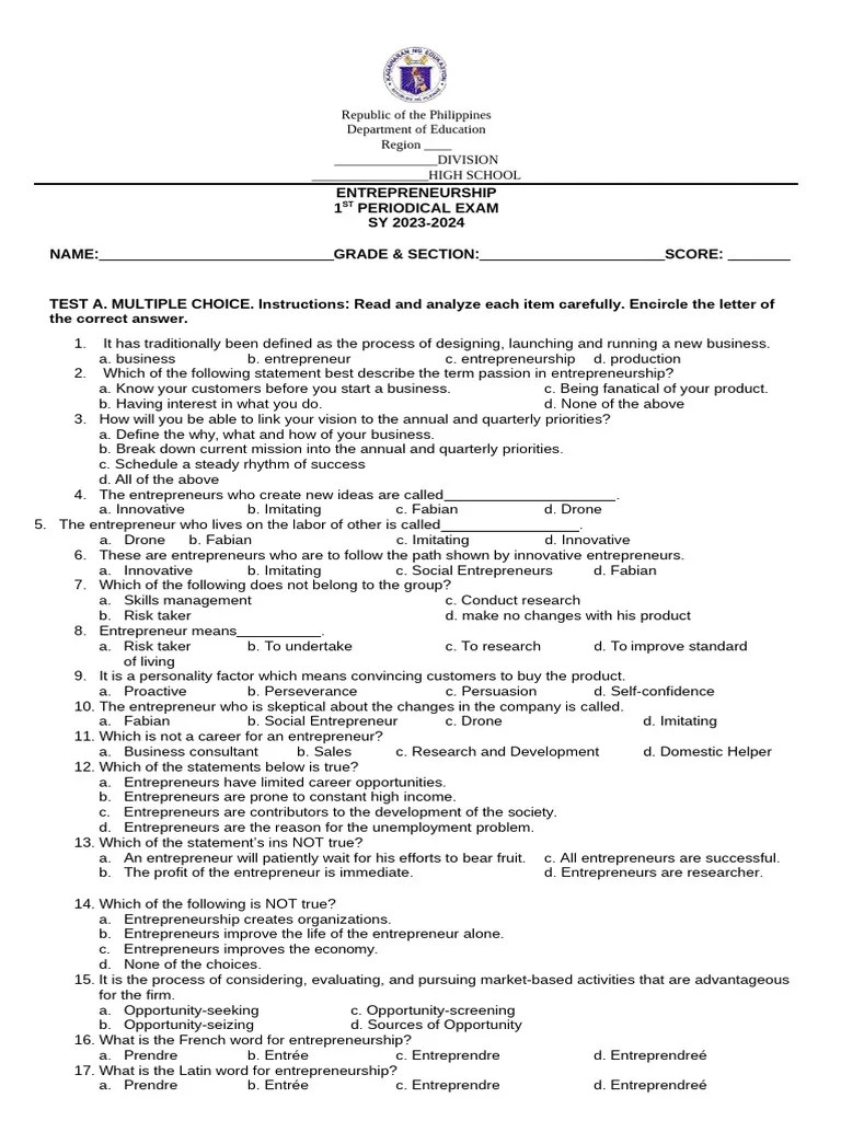 PT ENTREPRENEURSHIP Q1 | PDF | Entrepreneurship | Goods