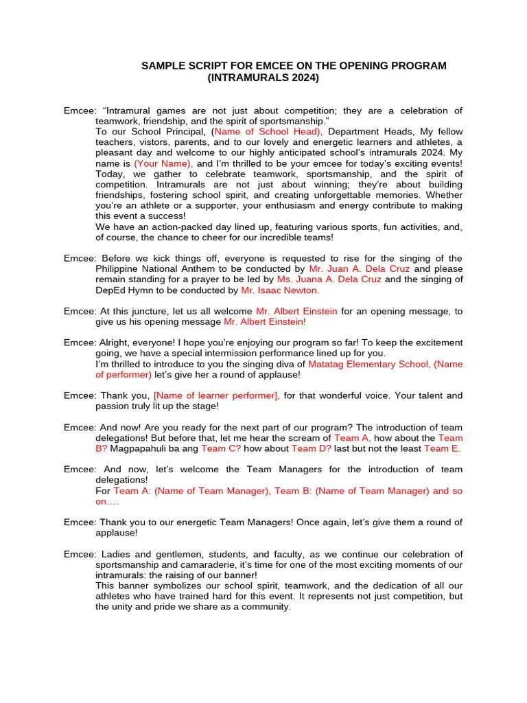 Sample Script For Emcee On The Opening Program 1 1 Pdf