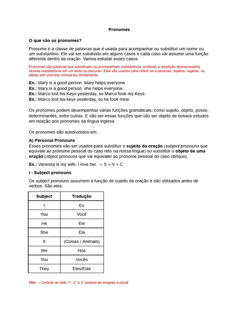 01 - Pronomes | PDF | Assunto (gramática) | Pronome