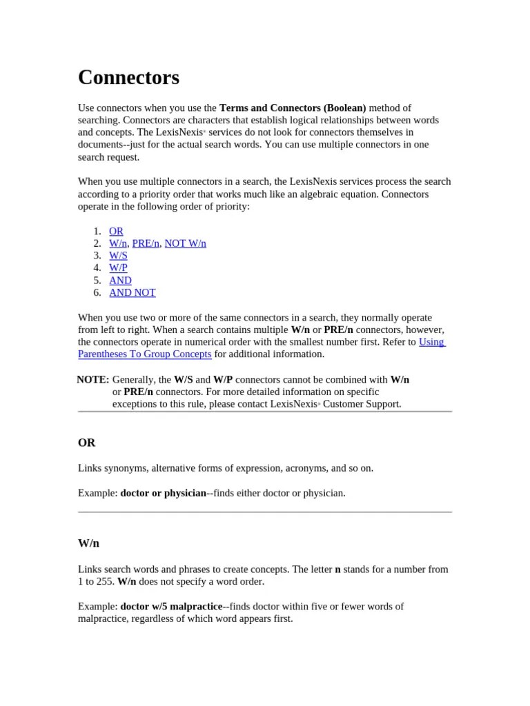 Lexis Nexis Criminal Search Help - Connectors | PDF | Lexis Nexis | Mathematics