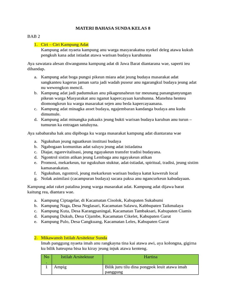 Contoh Materi Bahasa Sunda Kelas 8 (Kampung Adat) | PDF