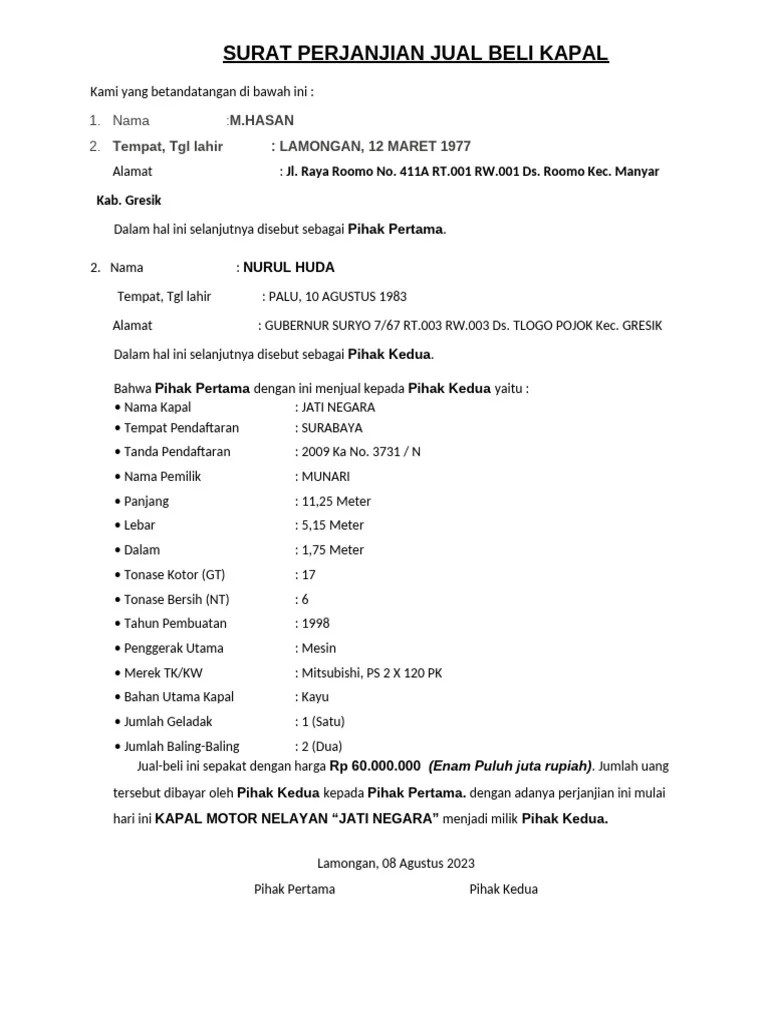 Surat Perjanjian Jual Beli Kapal 02 | PDF