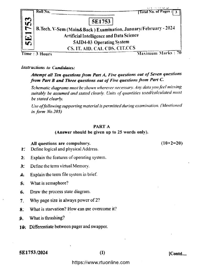 Btech Cs It 5 Sem Operating System 5e1753 Feb 2024 | PDF