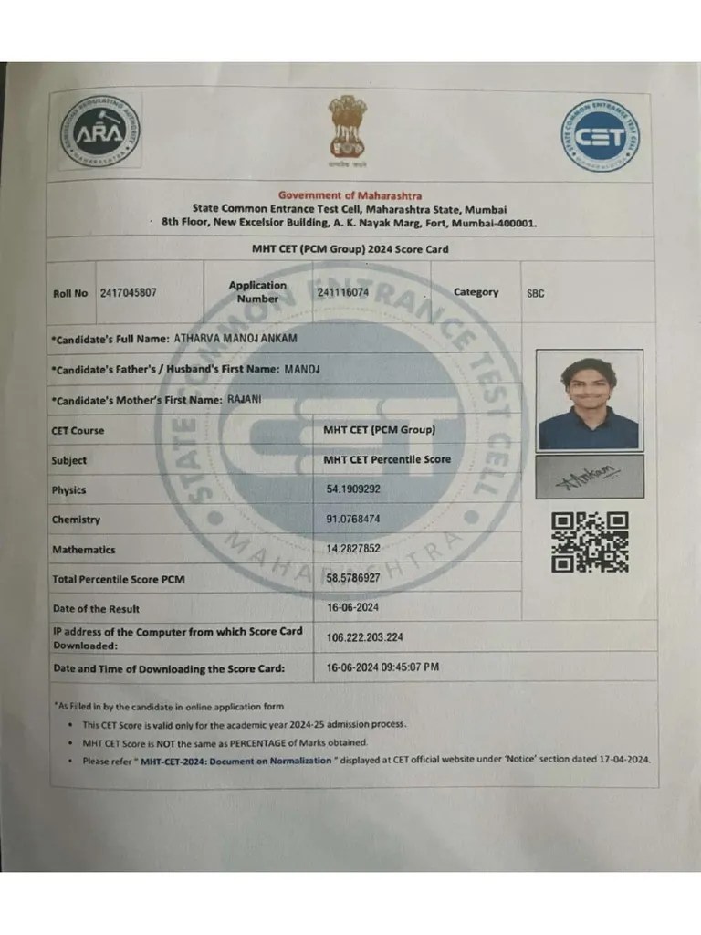 MHT Cet Score Card | PDF