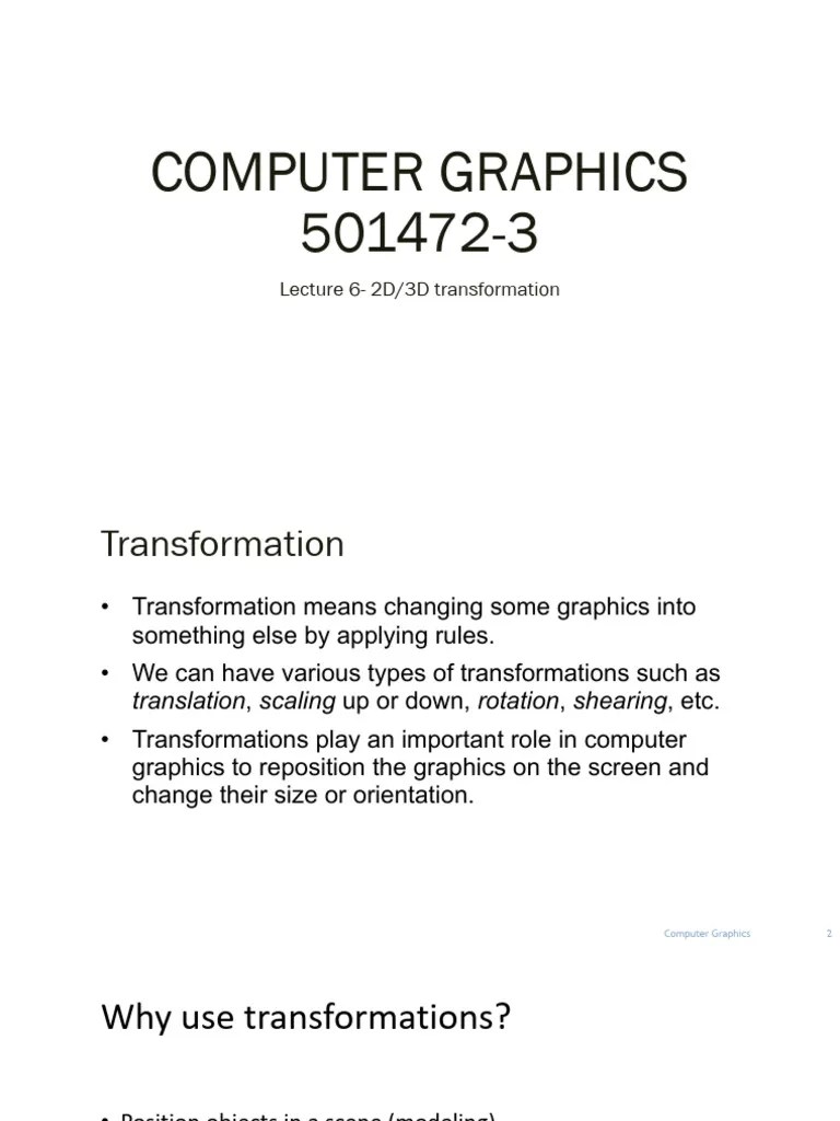 Lecture7 Transformation | PDF | Cartesian Coordinate System | 2 D Computer Graphics