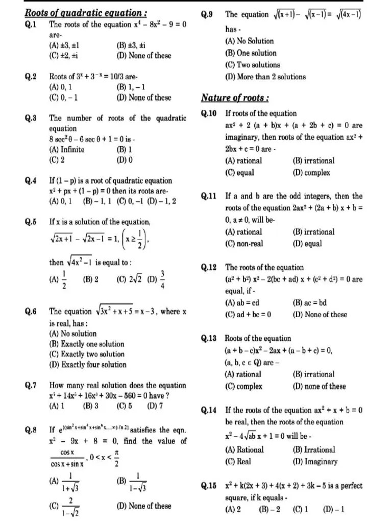 Quadratic Equations - DPP (Yodha Batch) (Arpit Sir) | PDF