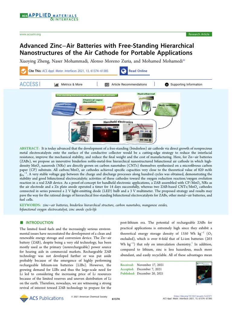 Zheng Et Al 2021 Advanced Zinc Air Batteries With Free Standing ...