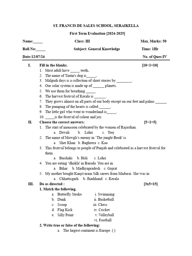 Class 3 GK TErm 1 | PDF