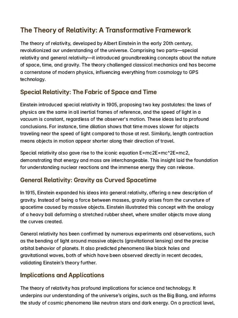 The Theory Of Relativity, A Transformative Framework | PDF | General ...