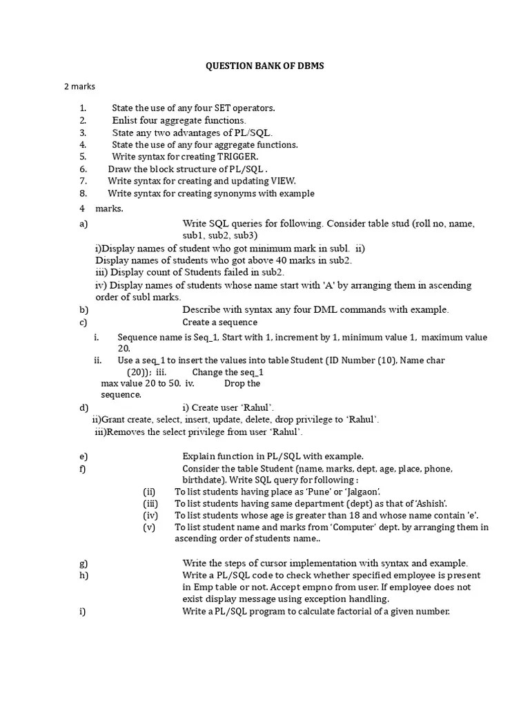 QUESTION BANK DBMS | PDF | Pl/Sql | Sql