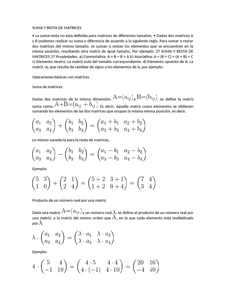 Suma Y Resta De Matrices | PDF | Matriz (Matemáticas) | Determinante