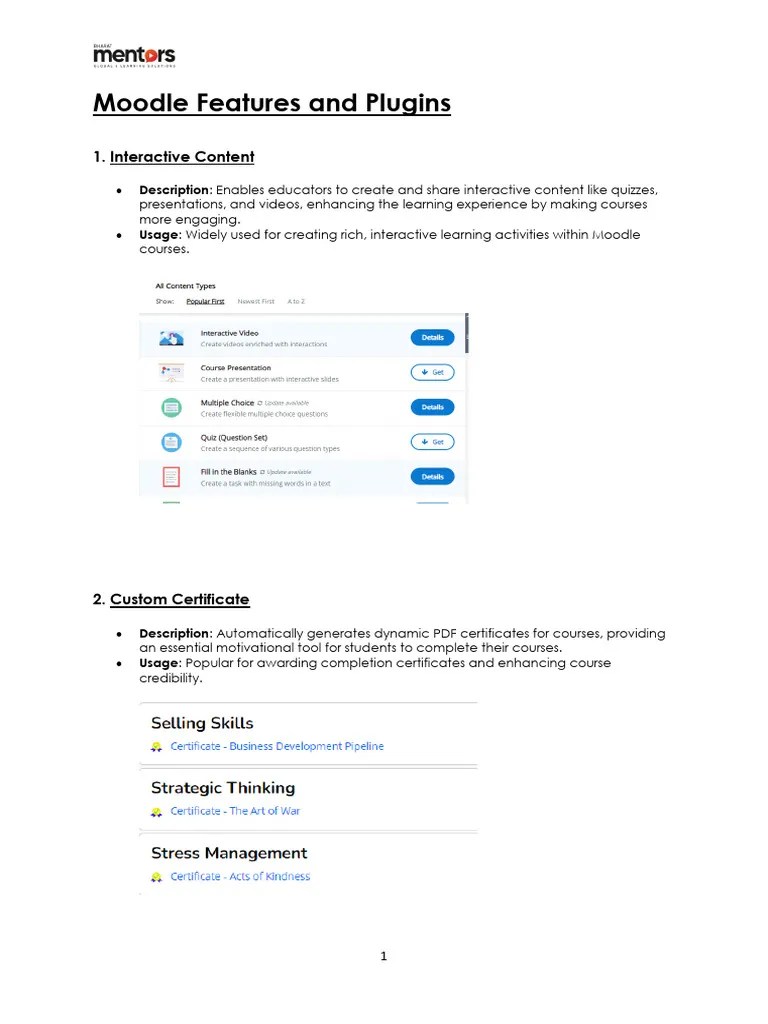 Moodle Features And Plugins | PDF | Moodle | Learning